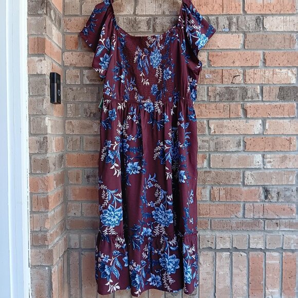 Terra & Sky Women's Plus Flutter Sleeve Midi Tiered Dress Maroon Floral Size 3X - Picture 11 of 15